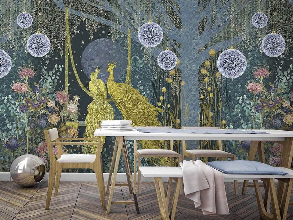 Fototapeta Złote pawie na nocnym niebie we wnętrzu kuchni