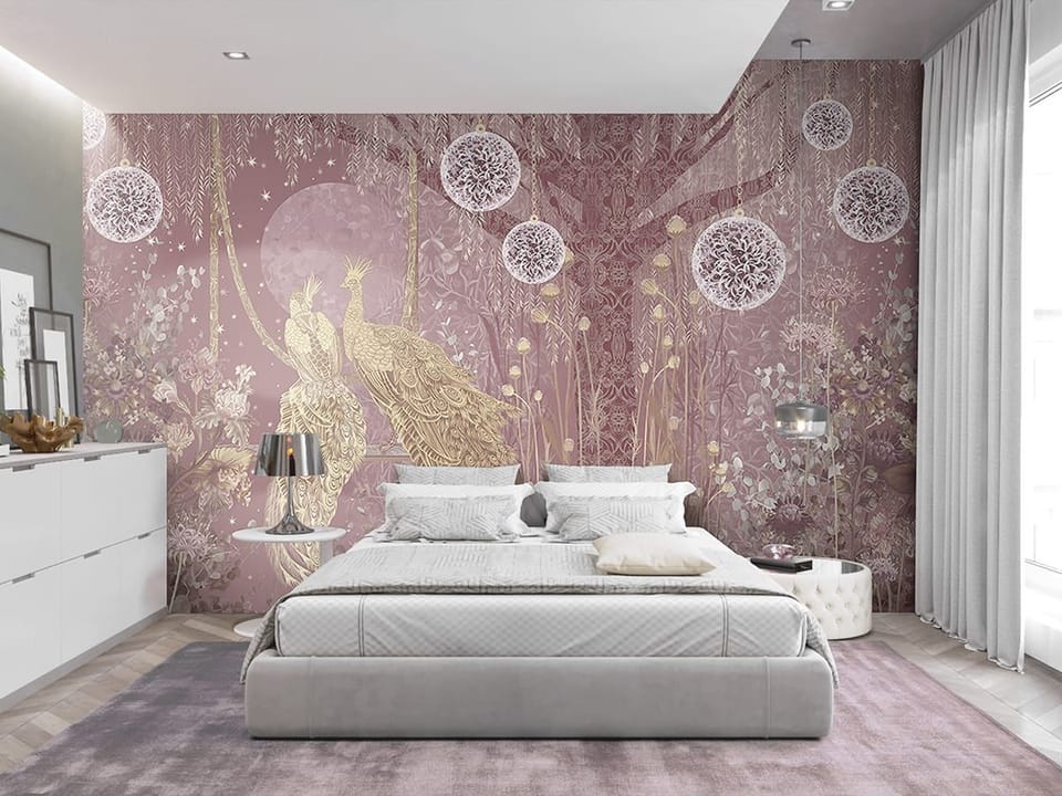 Fototapeta Złote Pawie na Gałęzi we wnętrzu sypialni