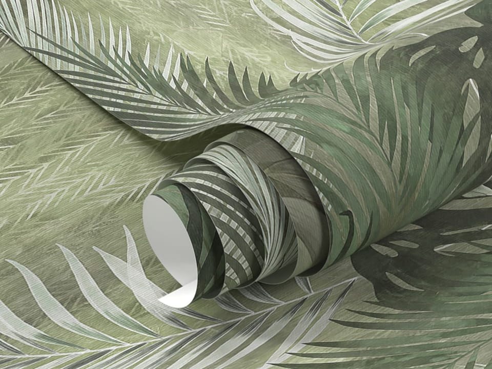 Fototapeta Tropikalne Liście na Zielonym Tle fragment #1