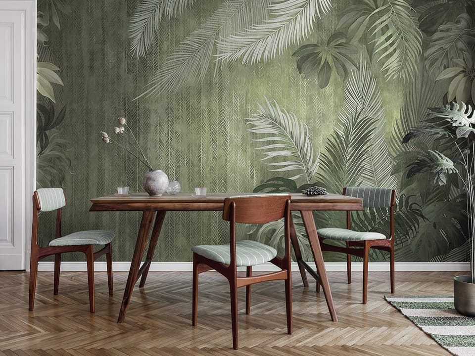 Fototapeta Tropikalne Liście na Zielonym Tle we wnętrzu kuchni