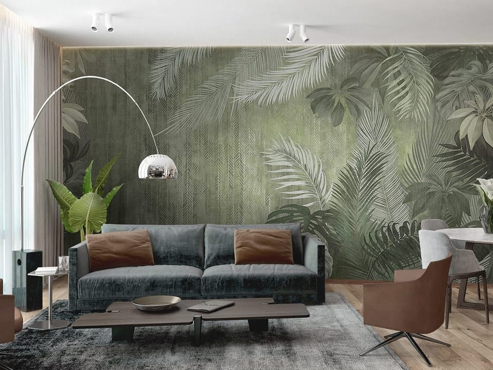 Fototapeta Tropikalne Liście na Zielonym Tle we wnętrzu salonu