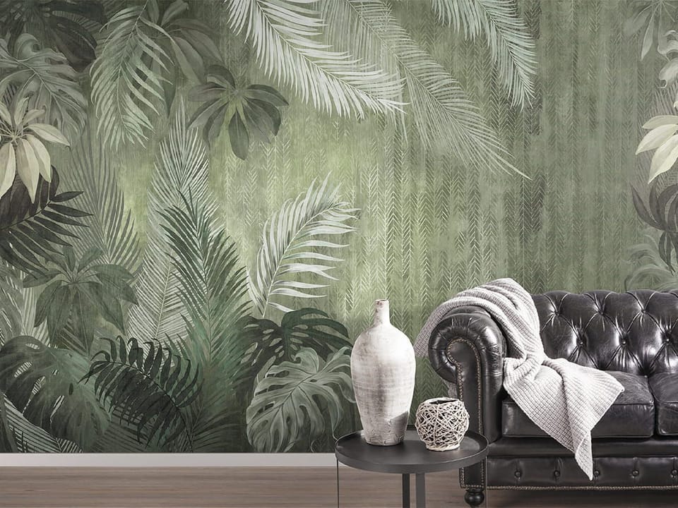 Fototapeta Tropikalne Liście na Zielonym Tle we wnętrzu biura