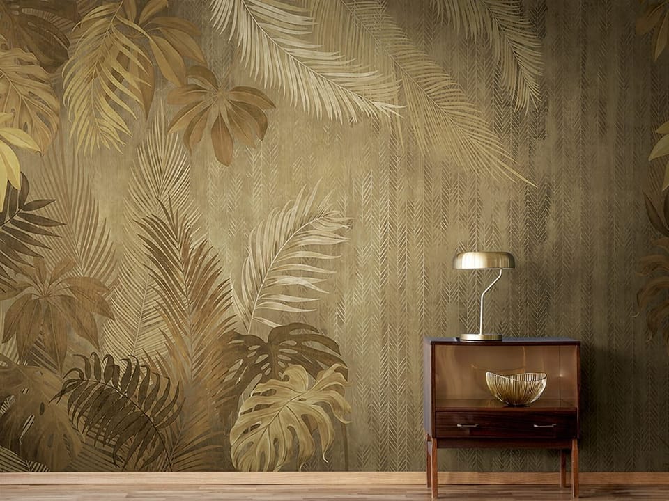 Fototapeta Tropikalne liście na tle jodełki we wnętrzu przedpokoju