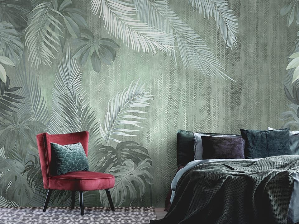 Fototapeta Tropikalne Liście na Delikatnym Tle we wnętrzu sypialni