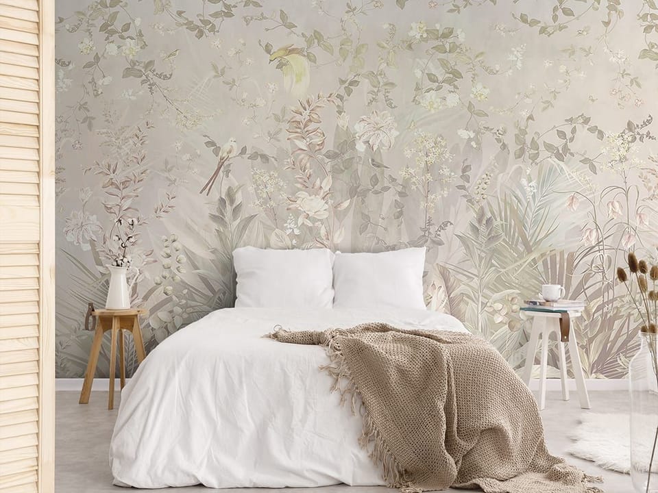 Fototapeta Kwiaty polne i delikatne liście we wnętrzu sypialni