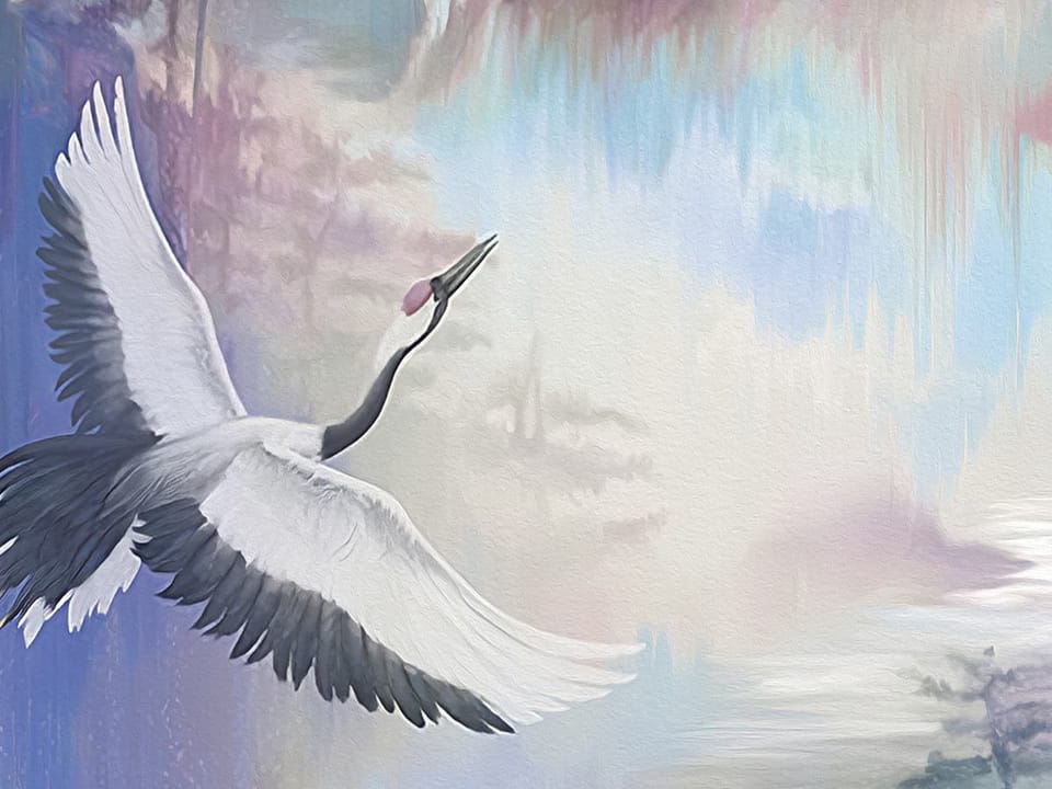 Fototapeta Żurawie na tle gór i wodospadów fragment #1