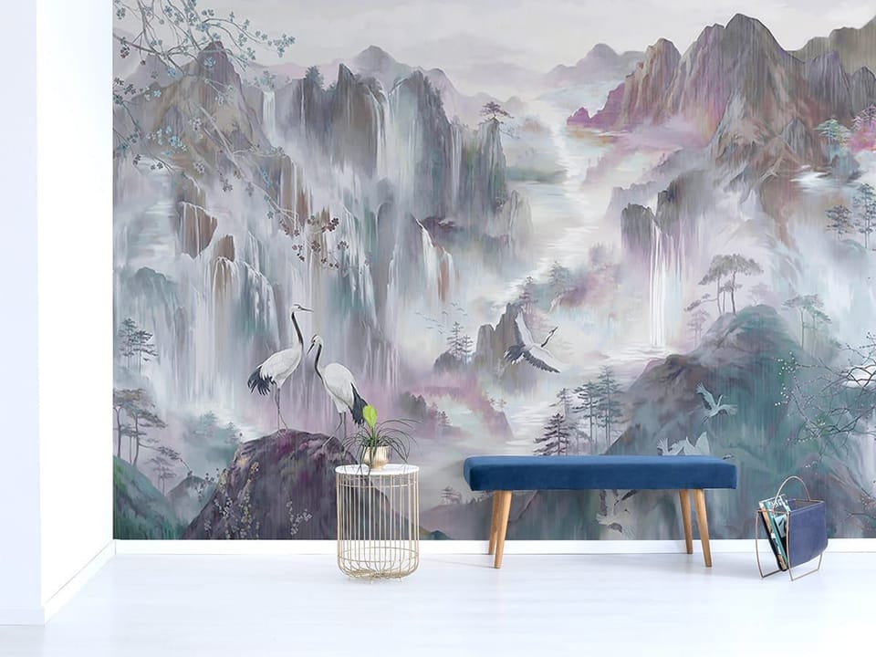 Fototapeta Żurawie na skale w górskim krajobrazie we wnętrzu przedpokoju