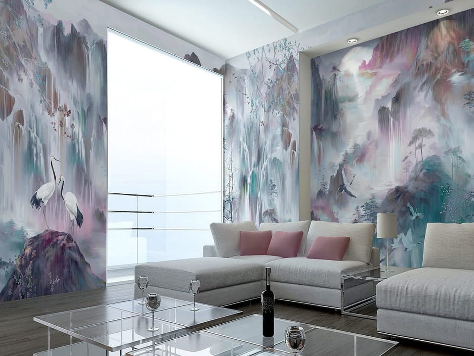 Fototapeta Żurawie na skale w górskim krajobrazie we wnętrzu salonu