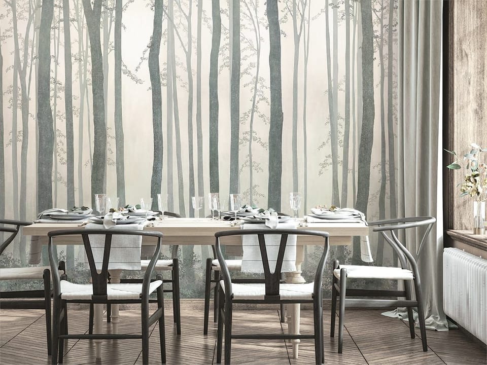 Fototapeta Leśna mgła i wysokie pnie drzew we wnętrzu kuchni