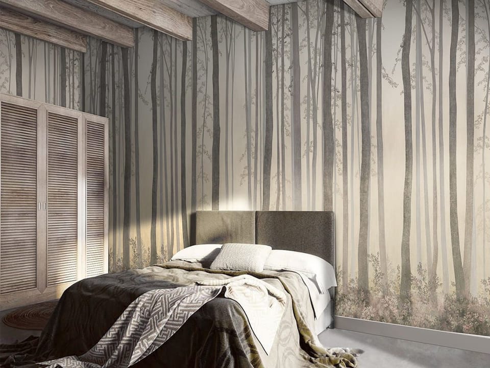 Fototapeta Leśne drzewa i mglisty horyzont we wnętrzu sypialni