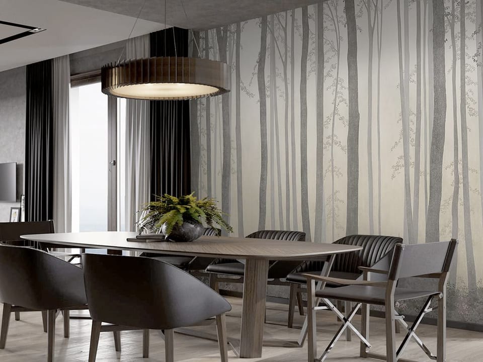 Fototapeta Leśne drzewa i mglisty horyzont we wnętrzu kuchni