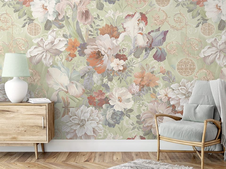 Fototapeta Kwiaty na zielonym tle z liśćmi we wnętrzu salonu