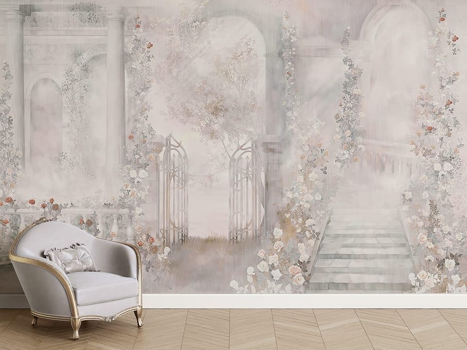 Fototapeta Kwiatowy ogród z kolumnami we wnętrzu przedpokoju