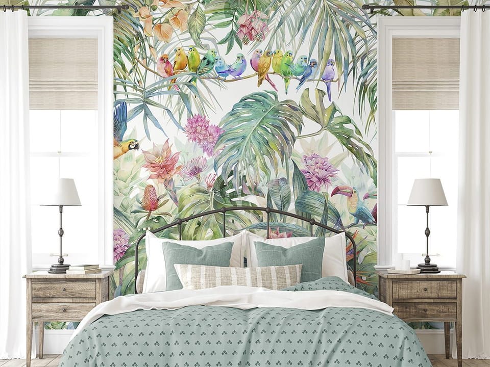 Fototapeta Kolorowe ptaki w tropikalnej dżungli we wnętrzu sypialni