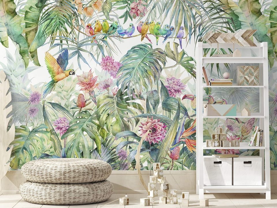 Fototapeta Kolorowe ptaki w tropikalnej dżungli we wnętrzu pokoju dziecka