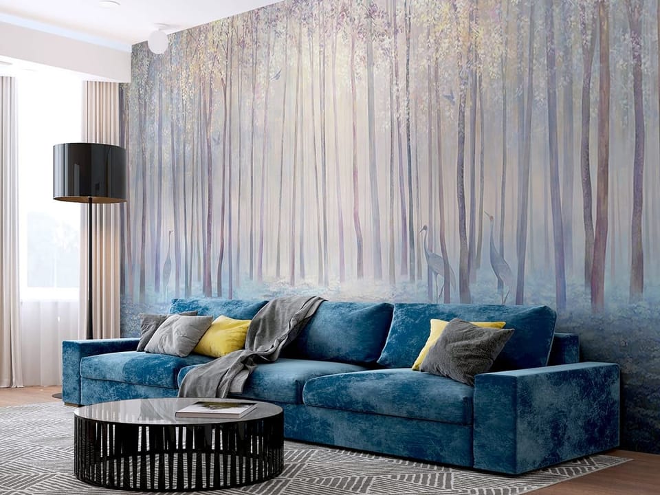 Fototapeta Las z wysokimi drzewami w mgle we wnętrzu salonu