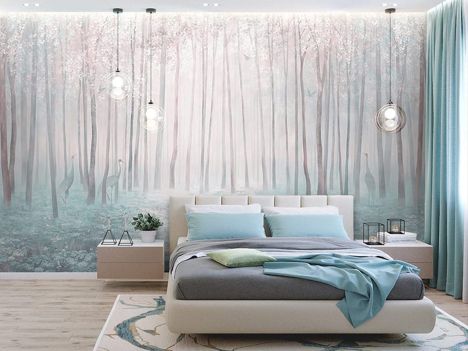 Fototapeta Las z Wysokimi Drzewami i Mgłą we wnętrzu sypialni