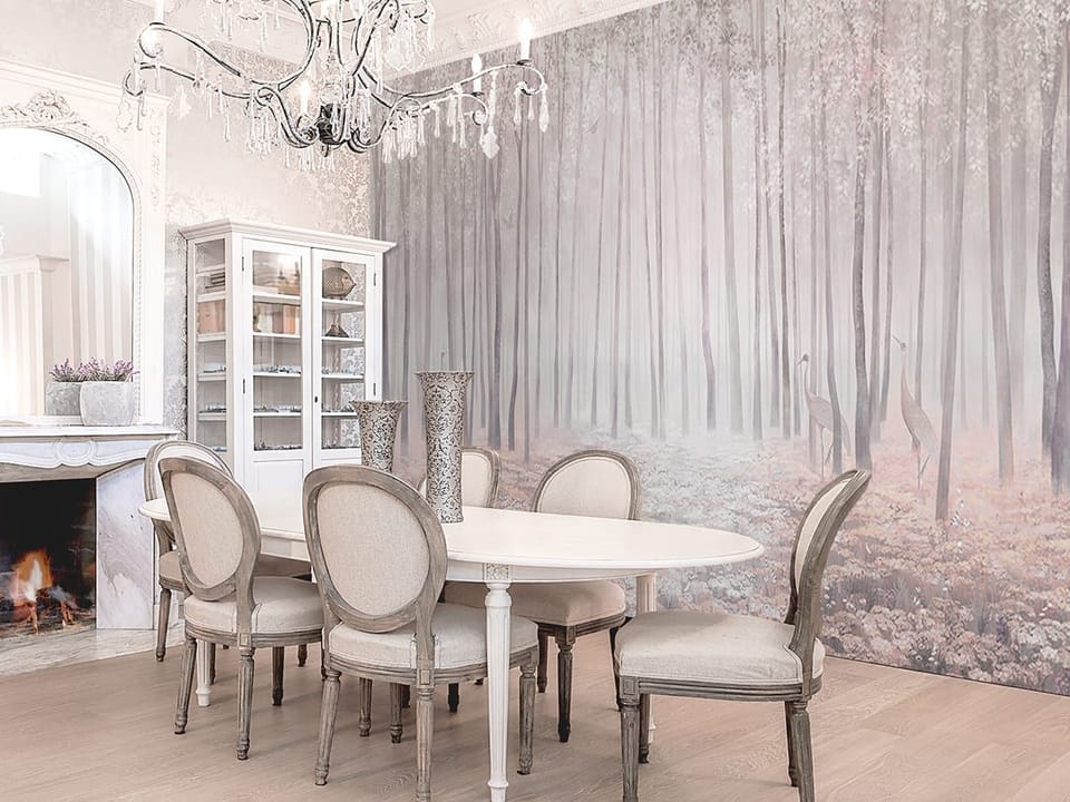 Fototapeta Las z wysokimi drzewami i mgłą we wnętrzu kuchni