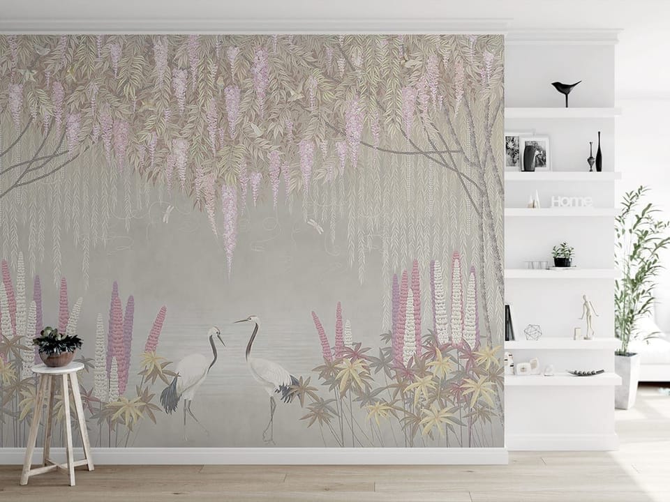 Fototapeta Żurawie w ogrodzie kwiatów we wnętrzu przedpokoju