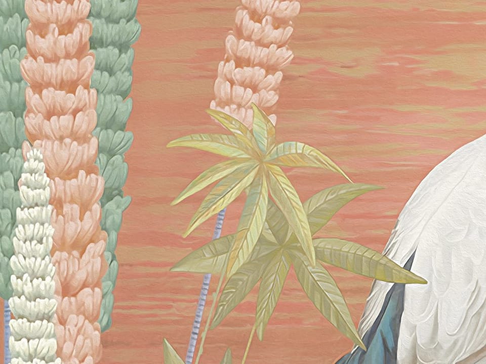 Fototapeta Żurawie wśród roślin na czerwonym tle fragment #1