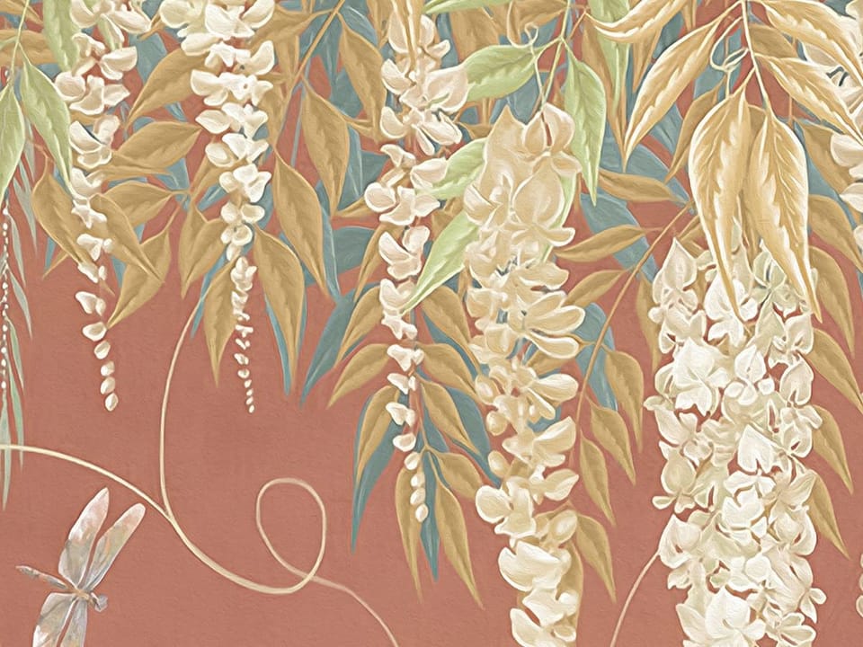 Fototapeta Żurawie wśród roślin na czerwonym tle fragment #2