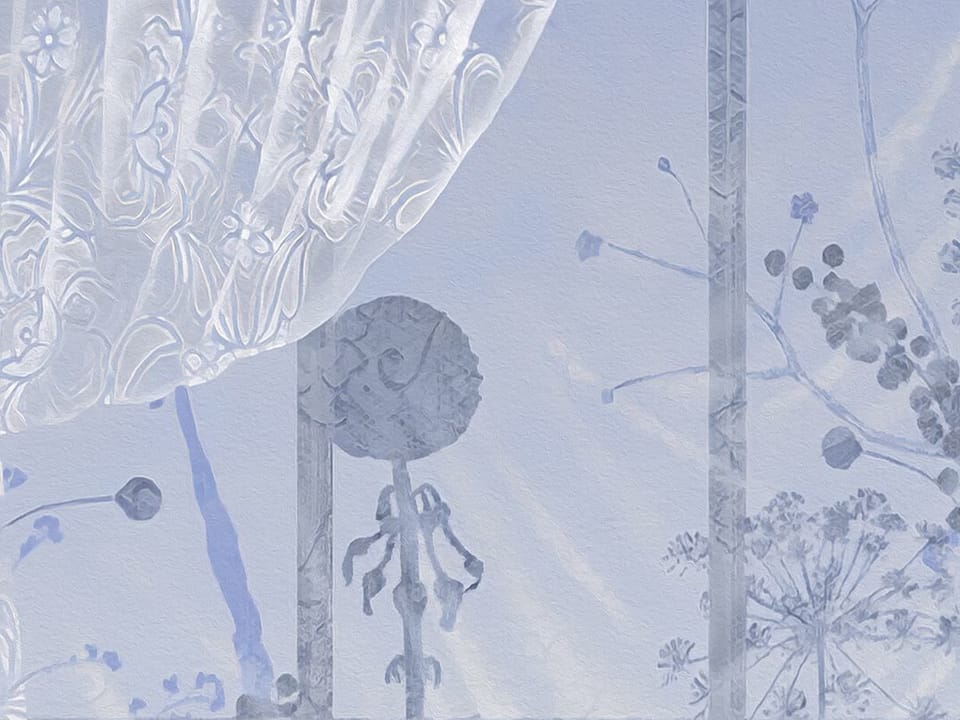 Fototapeta Białe zasłony i rośliny w tle fragment #1