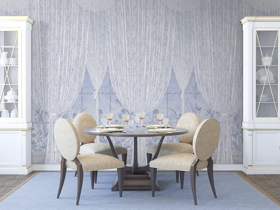 Fototapeta Białe zasłony i rośliny w tle we wnętrzu kuchni