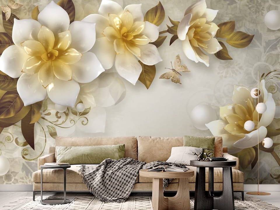 Fototapeta Kwiaty 3D z liśćmi i ornamentami we wnętrzu salonu