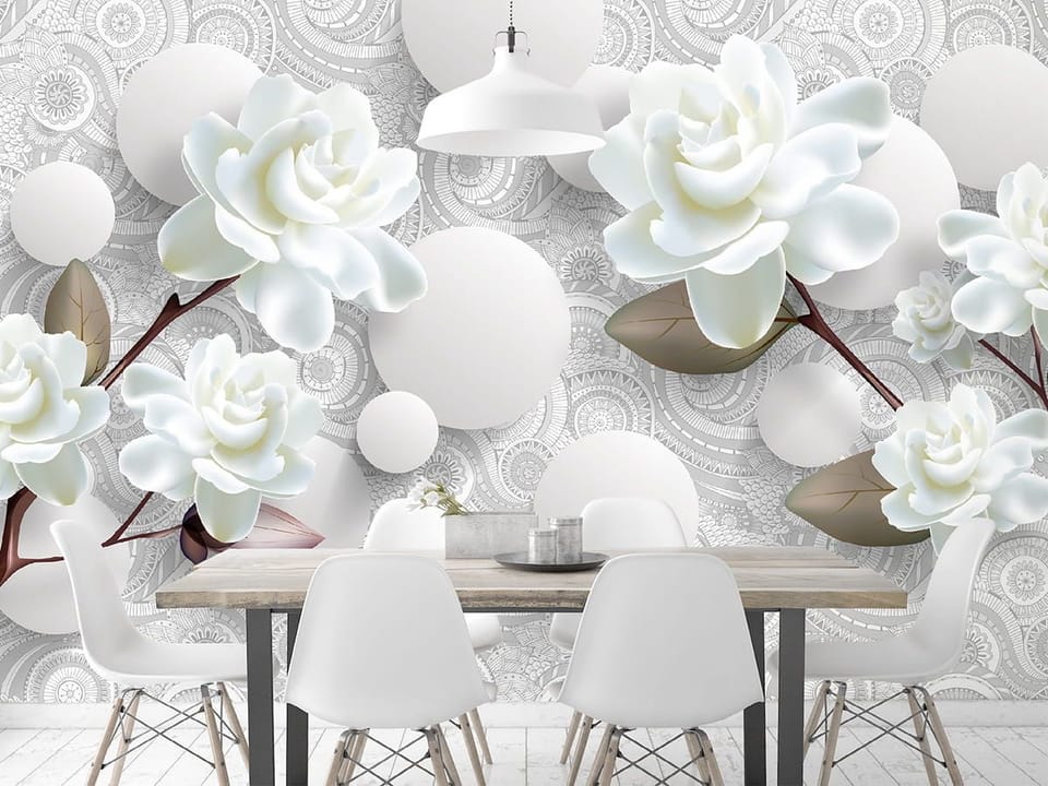 Fototapeta Białe kwiaty na gałęziach 3D we wnętrzu kuchni