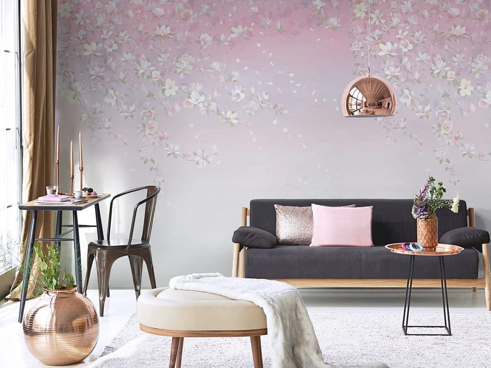 Fototapeta Gałąź z Kwiatami Wiśni we wnętrzu salonu