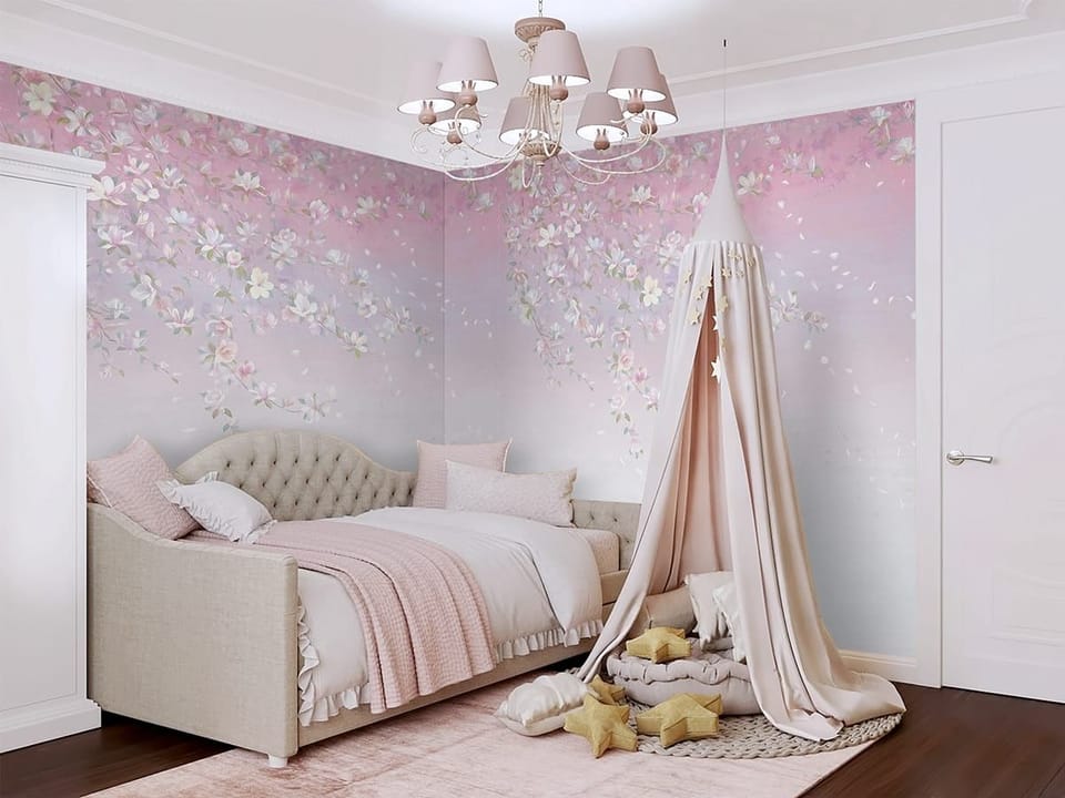 Fototapeta Gałąź z Kwiatami Wiśni we wnętrzu pokoju nastolatka