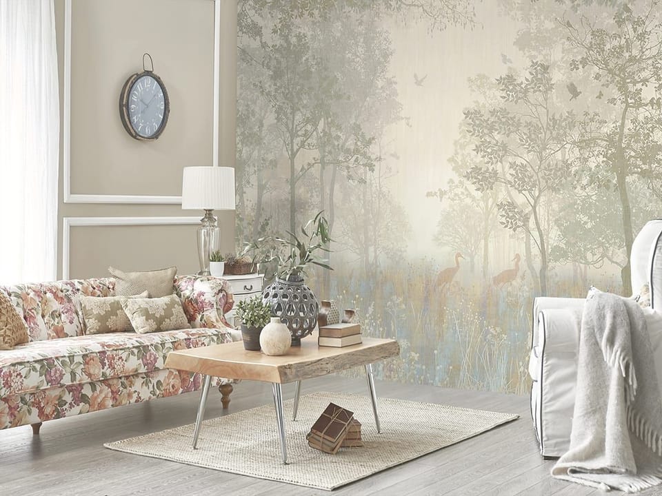 Fototapeta Drzewa w Mglistym Lesie we wnętrzu salonu