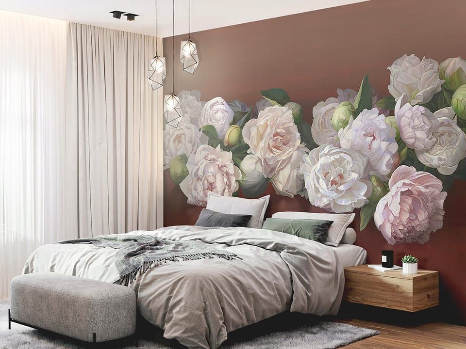 Fototapeta Bukiet białych piwonii na ciemnym tle we wnętrzu sypialni