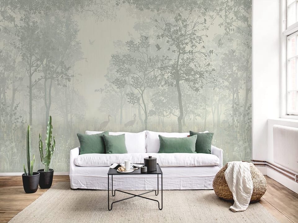 Fototapeta Mglisty Las z Wysokimi Drzewami we wnętrzu salonu