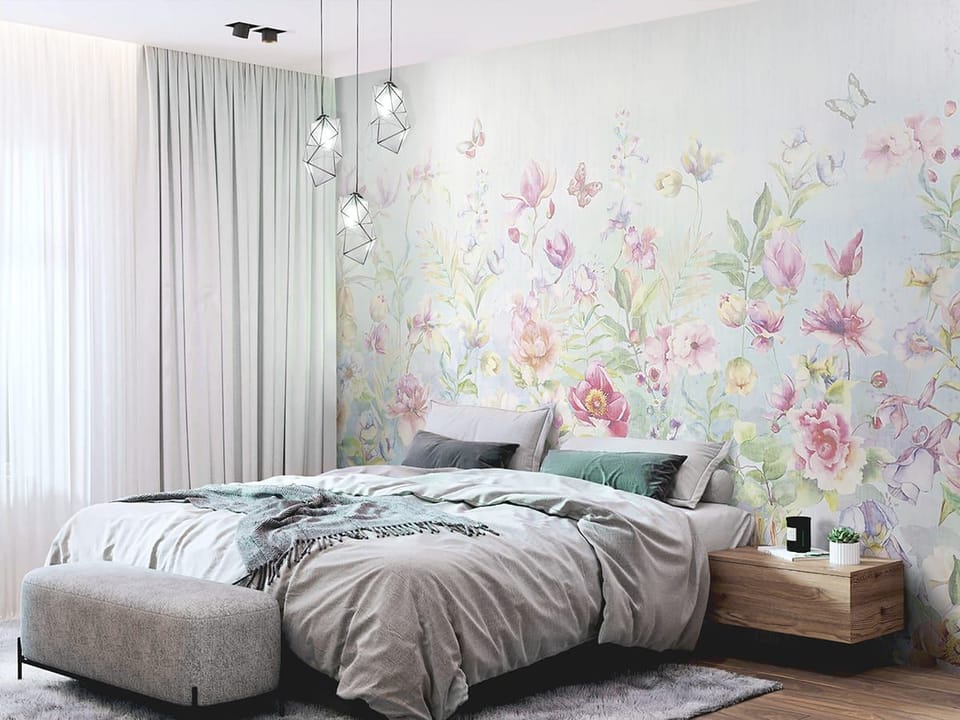Fototapeta Kolorowe kwiaty na łące we wnętrzu sypialni