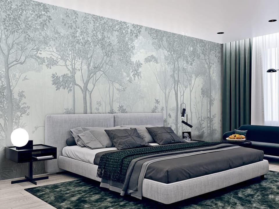 Fototapeta Las z mglistą atmosferą we wnętrzu sypialni