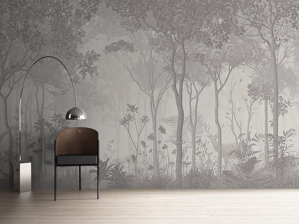 Fototapeta Gęsty las z wysokimi drzewami we wnętrzu przedpokoju