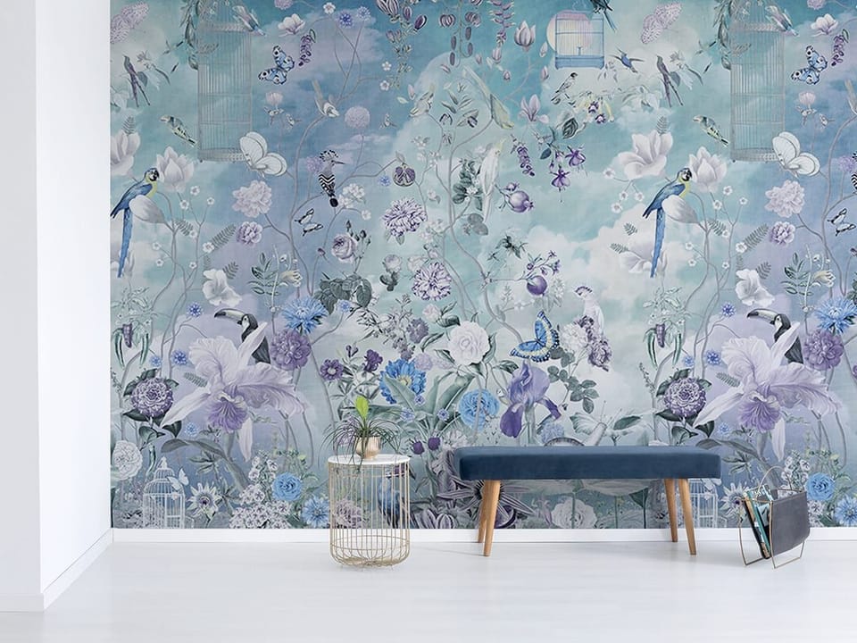 Fototapeta Kwiaty i ptaki na tle nieba we wnętrzu przedpokoju