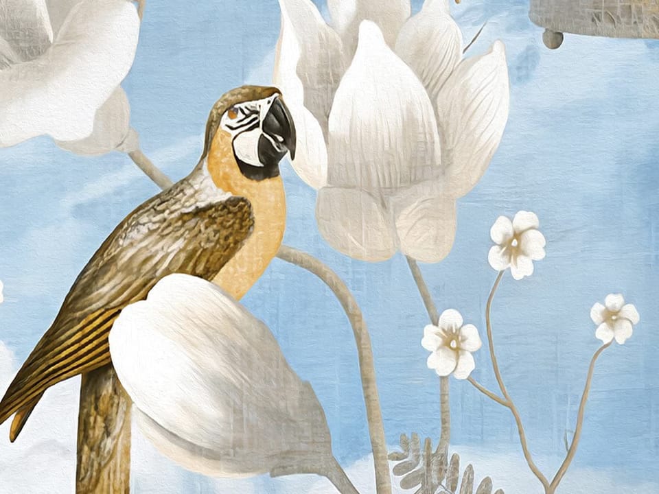 Fototapeta Kwiaty i Ptaki na Niebieskim Niebie fragment #1