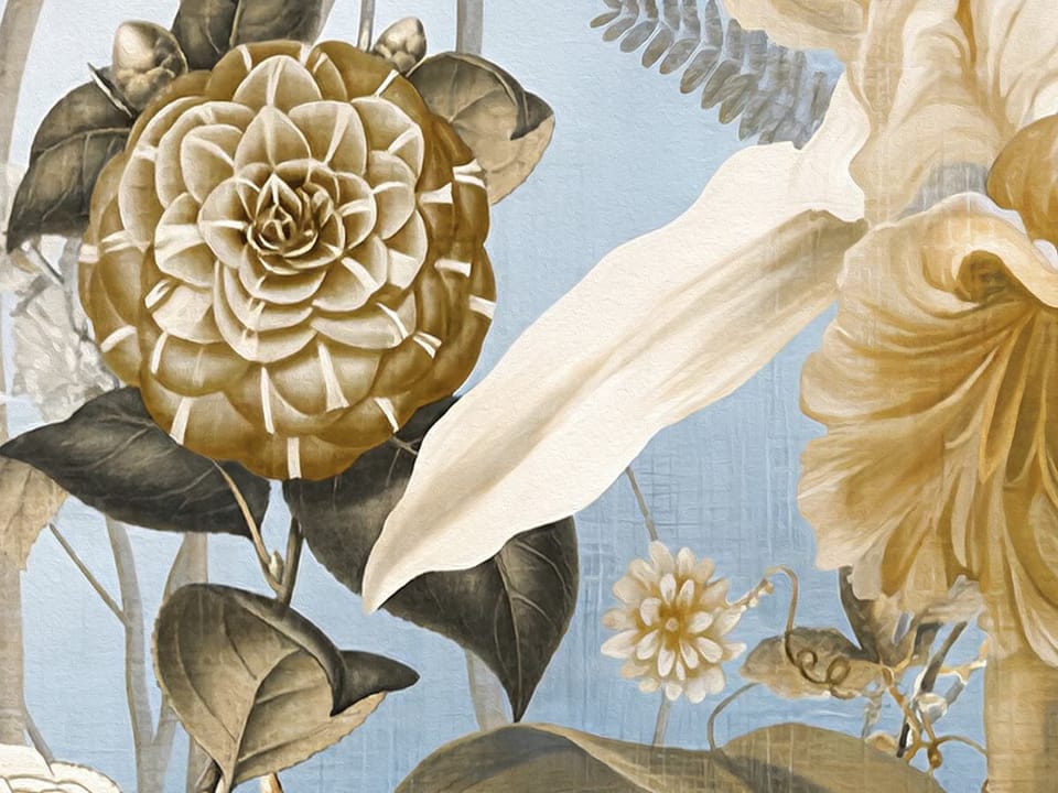 Fototapeta Kwiaty i Ptaki na Niebieskim Niebie fragment #2