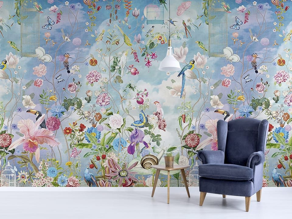 Fototapeta Kwiaty i Ptaki na Tle Nieba we wnętrzu przedpokoju