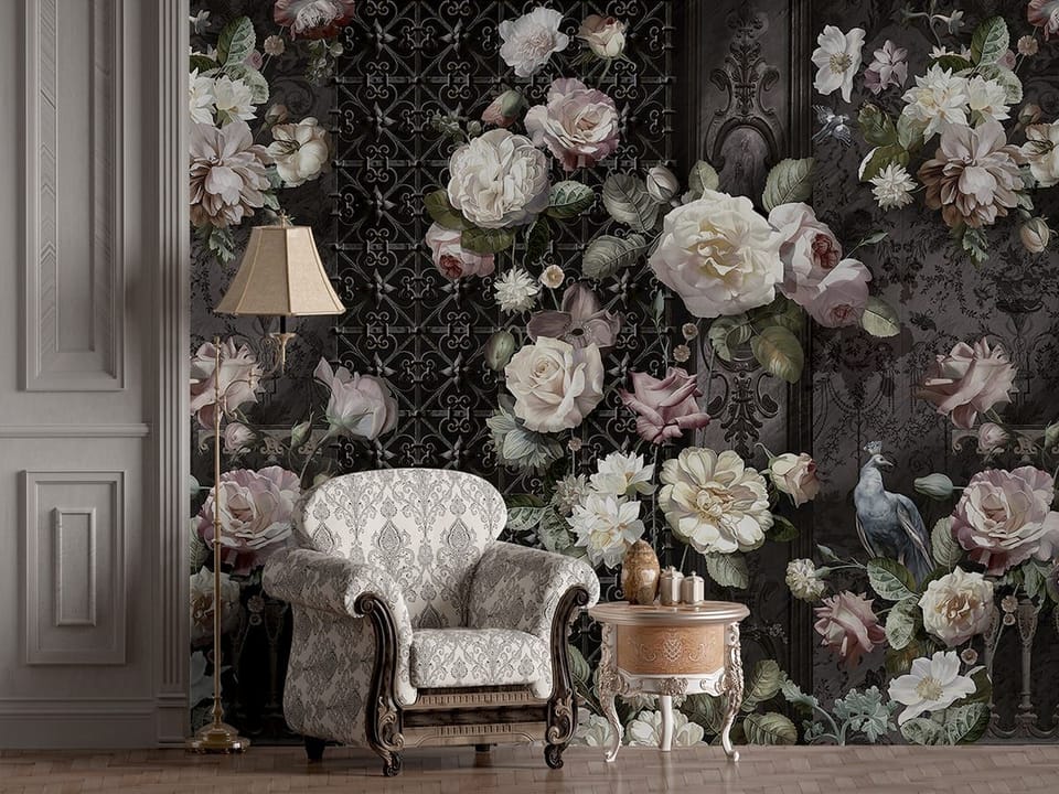 Fototapeta Kwiatowa Kompozycja na Ciemnym Tle we wnętrzu przedpokoju