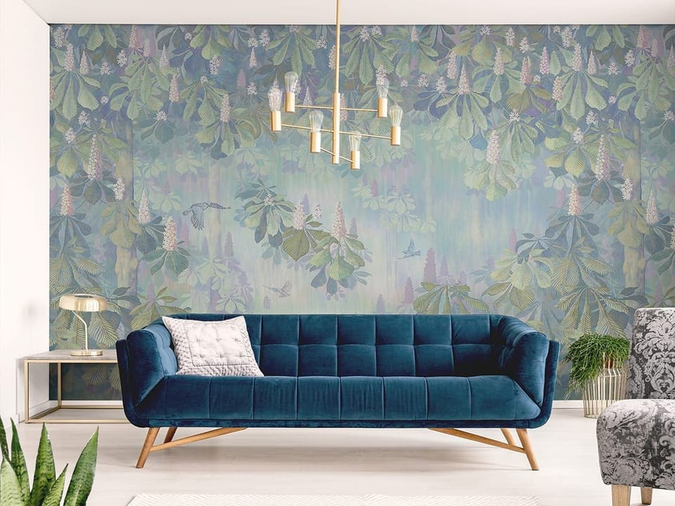 Fototapeta Kasztanowce na pastelowym tle we wnętrzu salonu