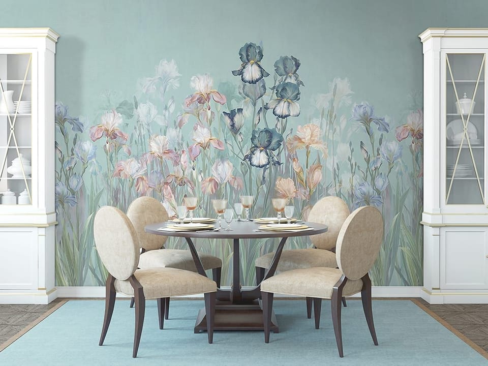 Fototapeta Kwiaty irysów na tle nieba we wnętrzu kuchni