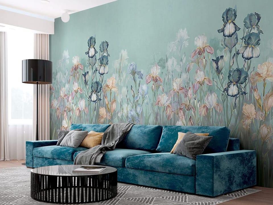 Fototapeta Kwiaty irysów na tle nieba we wnętrzu salonu