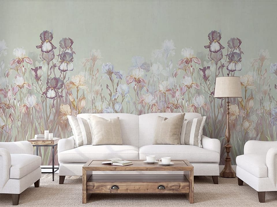 Fototapeta Kwiaty irysów na łące we wnętrzu salonu