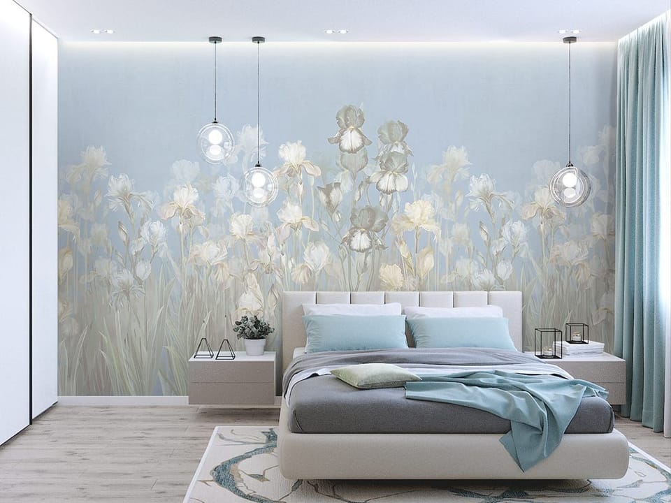Fototapeta Pole irysów na tle nieba we wnętrzu sypialni