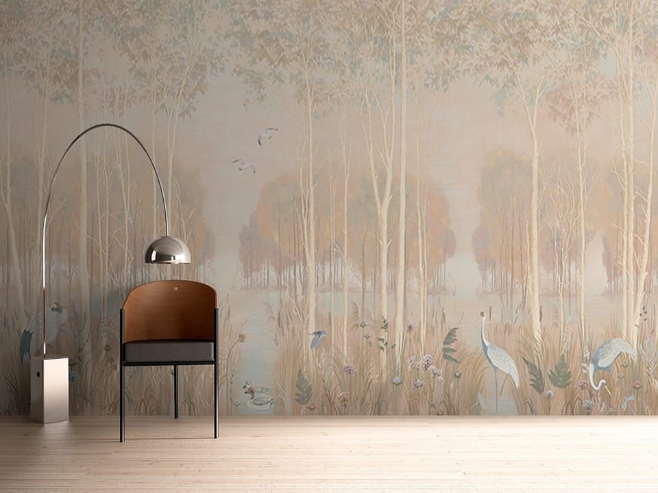 Fototapeta Las z wysokimi drzewami i trzcinami we wnętrzu przedpokoju