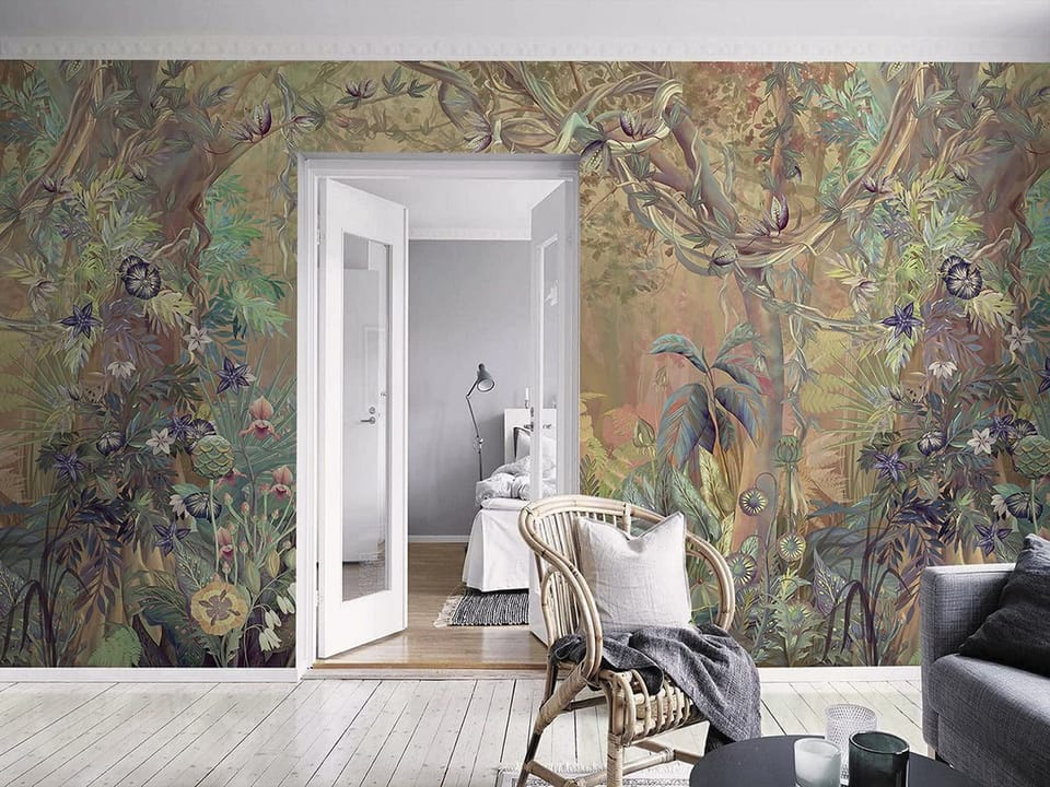 Fototapeta Tropikalna dżungla z drzewem we wnętrzu salonu