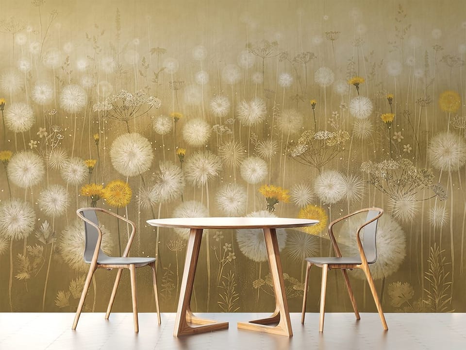 Fototapeta Dmuchawce na łące z żółtymi kwiatami we wnętrzu kuchni